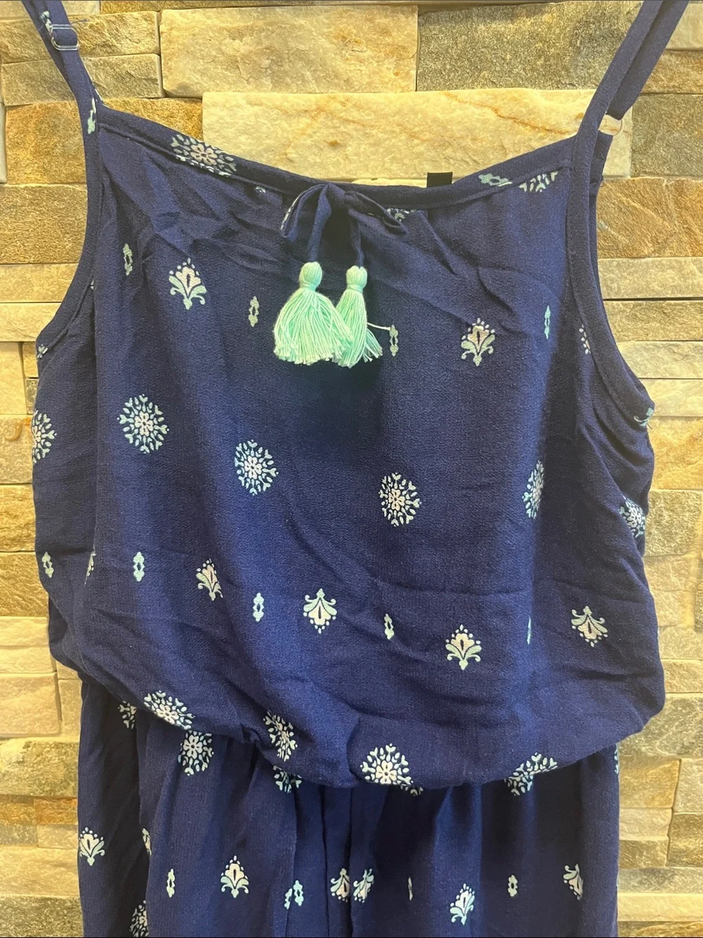 My Michelle Navy Blue Boho Printed Sundress with Teal Tassel